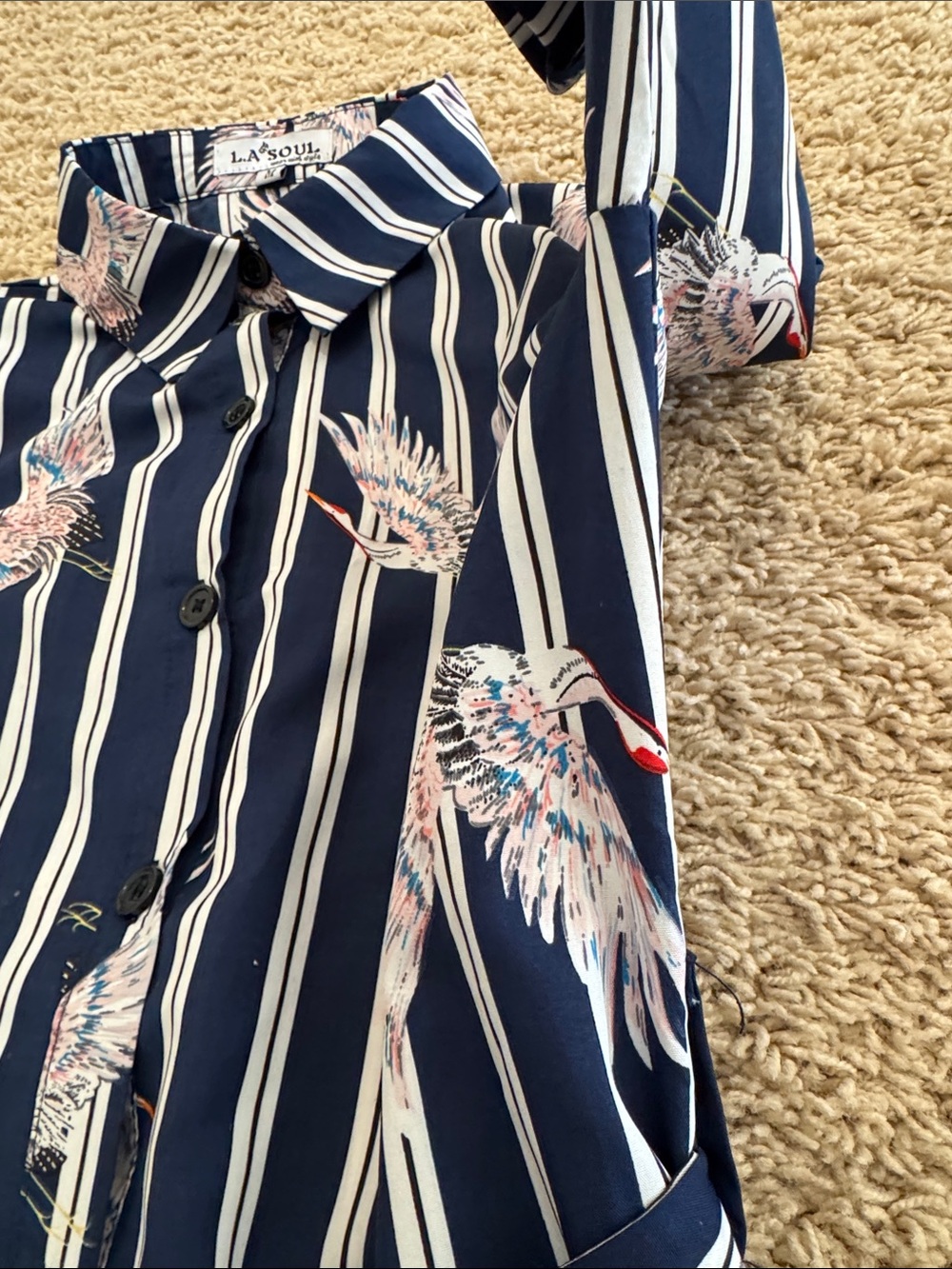 L.A. Soul Womens Navy Striped Button-Front Shirt Dress Cover-up Crane Print, M - Picture 5 of 14